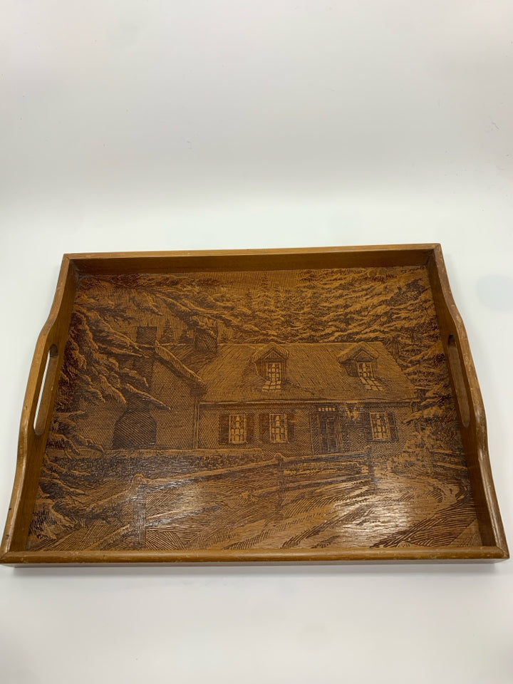 CABIN ETCHED WOOD TRAY W/HANDLES.