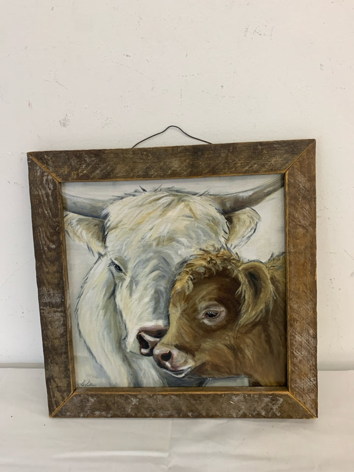 2 FURRY COWS WALL ART W/ DISTRESSED FRAME WHITE/BROWN.