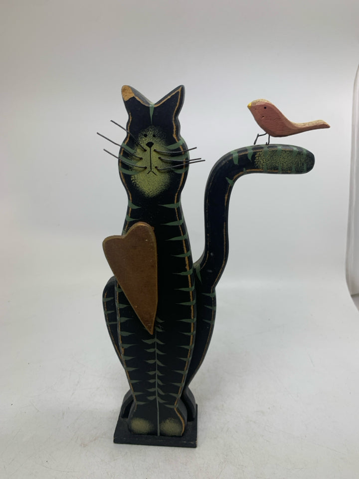 STANDING WOOD BLACK STRIPED CAT W/ BIRD OF TAIL.