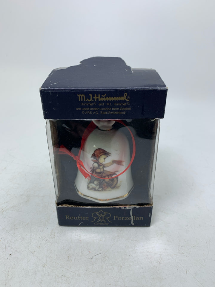 IN BOX HUMMEL GIRL SITTING WITH LAMB BELL ORNAMENT.
