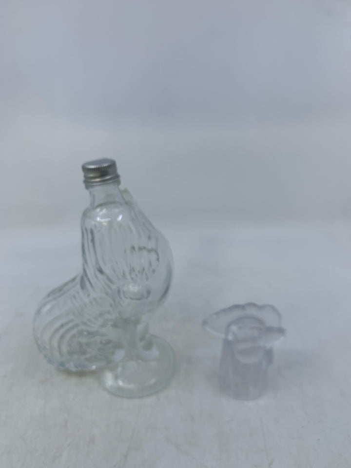 CLEAR GLASS ROOSTER DECANTER W/ PLASTIC HEAD.