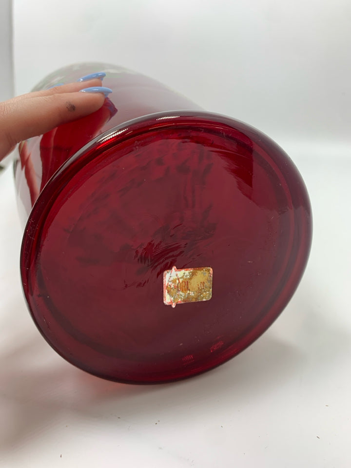 VTG RED GLASS VASE W/PAINTED FLOWERS AND GOLD RIM.