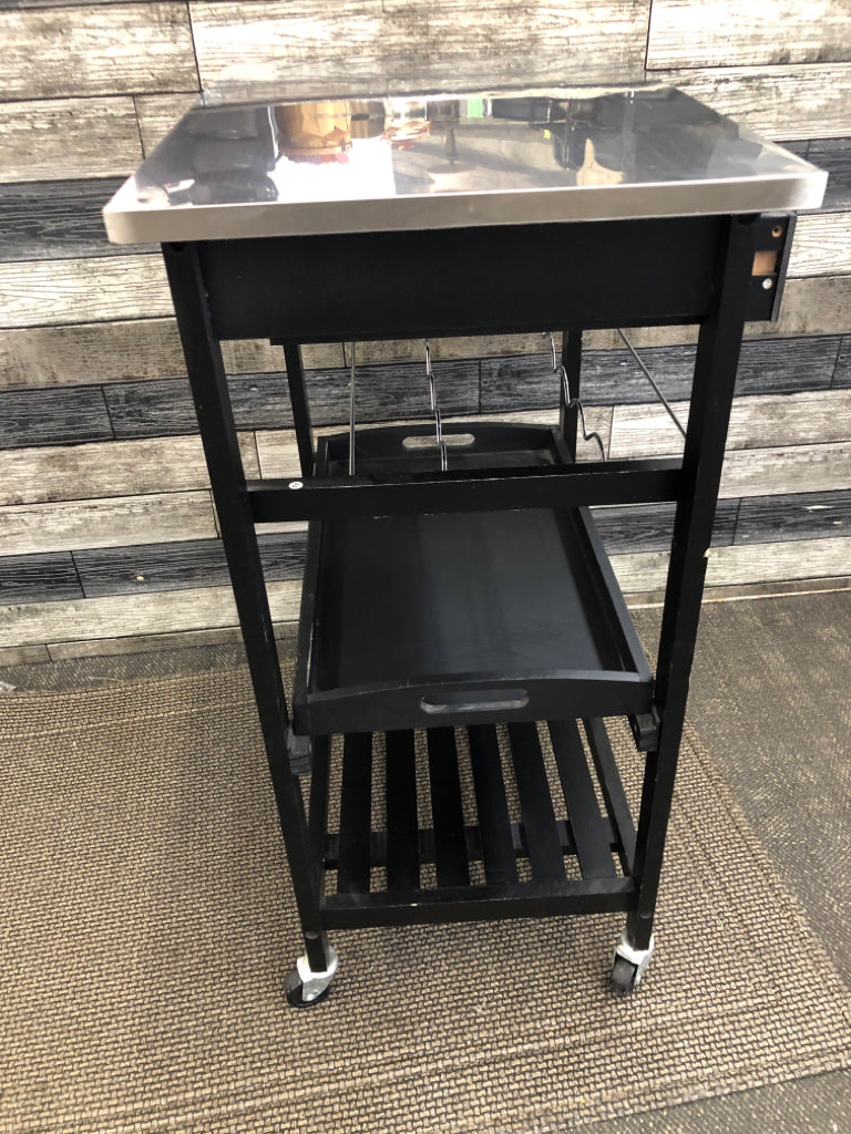 BLACK W STAINLESS STEEL METAL CART ON WHEELS.