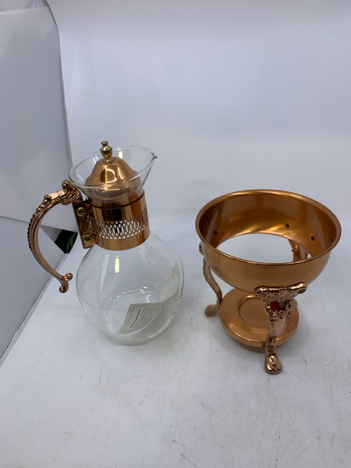 VTG GLASS + COPPER COFFEE POT WITH WARMING STAND.