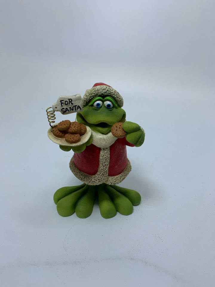 RESIN FROG IN SANTA SUIT HOLDING COOKIES BOBBLE HEAD.