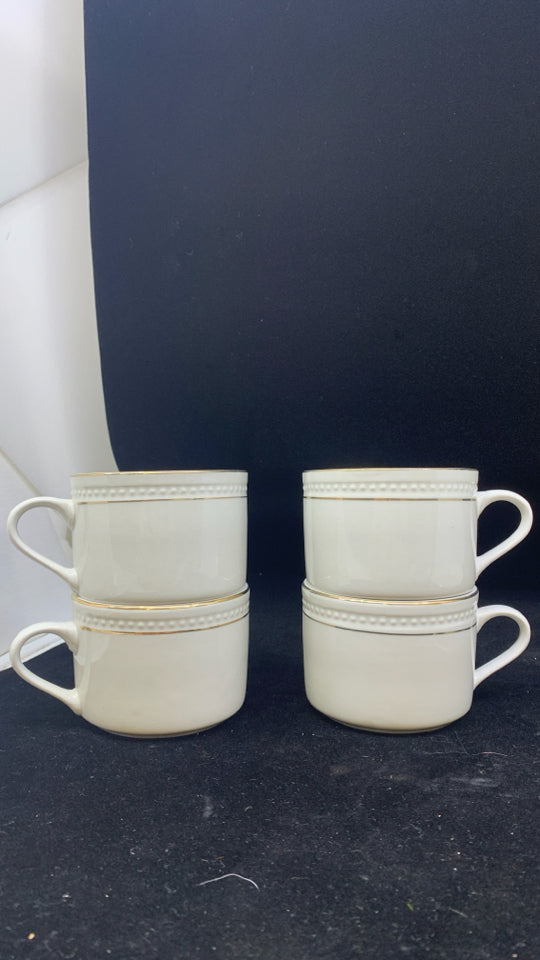 4 CREAM CUPS + SAUCERS- CREAM W/GOLD RIM.