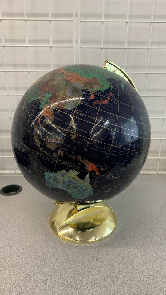 NAVY BLUE WORLD GLOBE W/GOLD PLASTIC BASE.