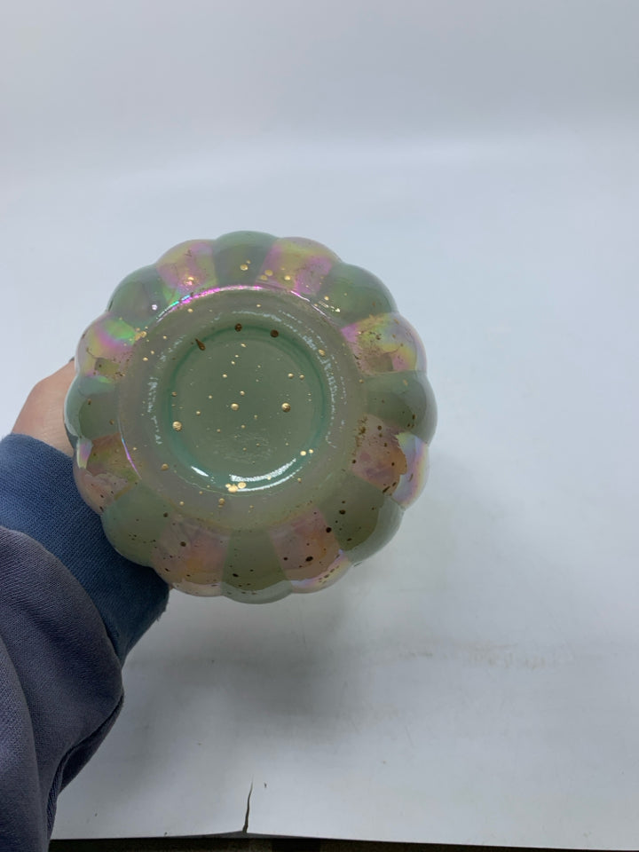 GLASS RIBBED IRIDESCENT PLANTER W/ UNEVEN EDGE.