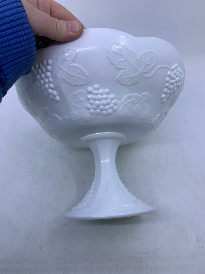 VTG MILK GLASS PEDESTAL BOWL W/ EMBOSSED GRAPES.