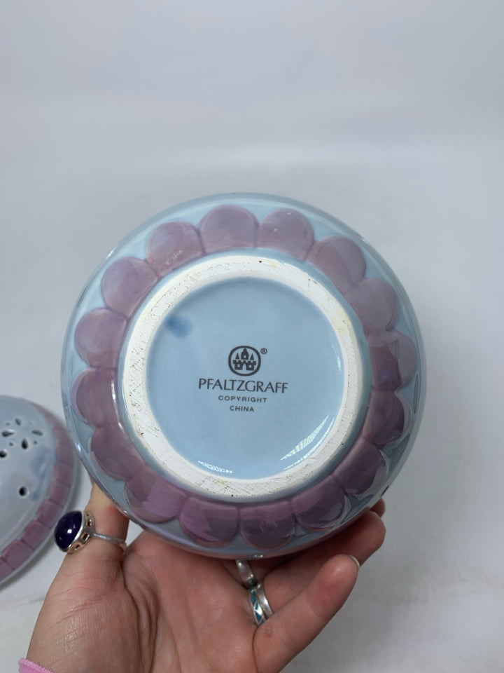 IRIDESCENT BLUE PIERCED PFALTZGRAFF 2PC ORNAMENT CANDLE HOLDER.