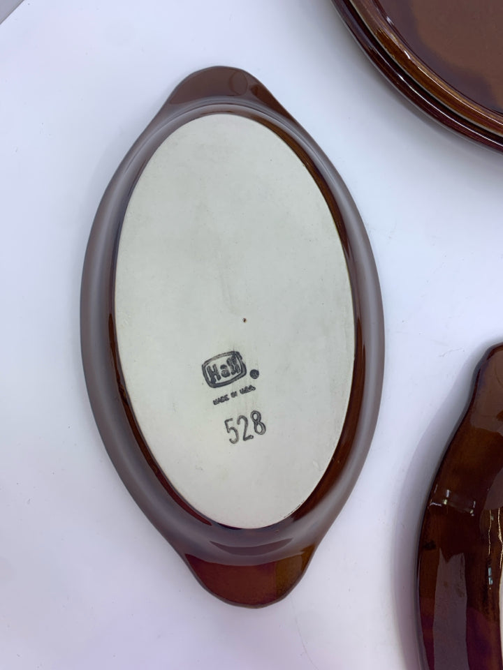 VTG 6 BROWN POTTERY OVAL AU GRATIN DISHES.