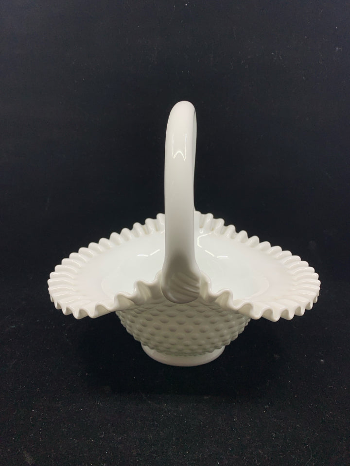 VTG MILK GLASS HOBNAIL BASKET W WAVY EDGE.