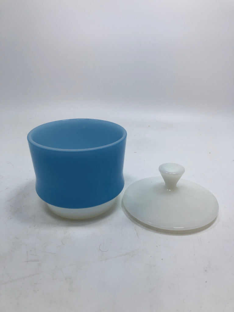 VTG BLUE FIRE KING COVERED SUGAR BOWL.