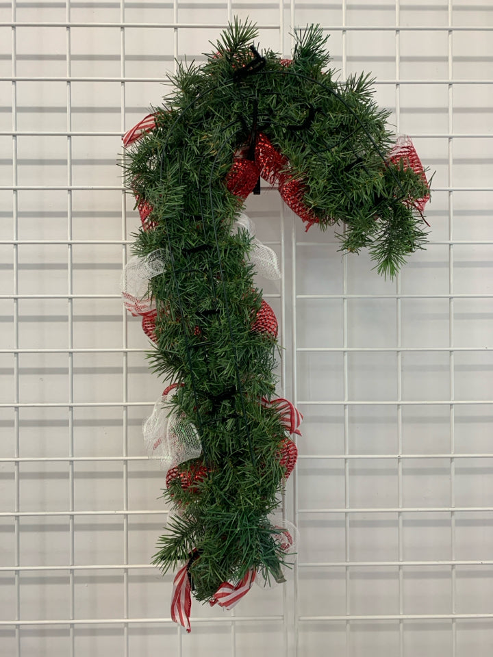 ORNAMENT AND RIBBON CANDY CANE WREATH.