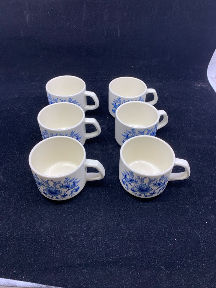 6 BLUE AND WHITE FLORAL SADO INTERNATIONAL MUGS.