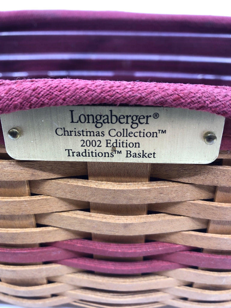 2002 CHRISTMAS COLLECTION, TRADITIONS BASKET W/RED LINER, PROTECTOR, 2 HANDLES.