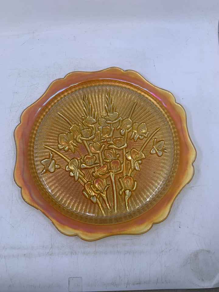 VTG PEACH DEPRESSION GLASS EMBOSSED FLORAL SERVER.