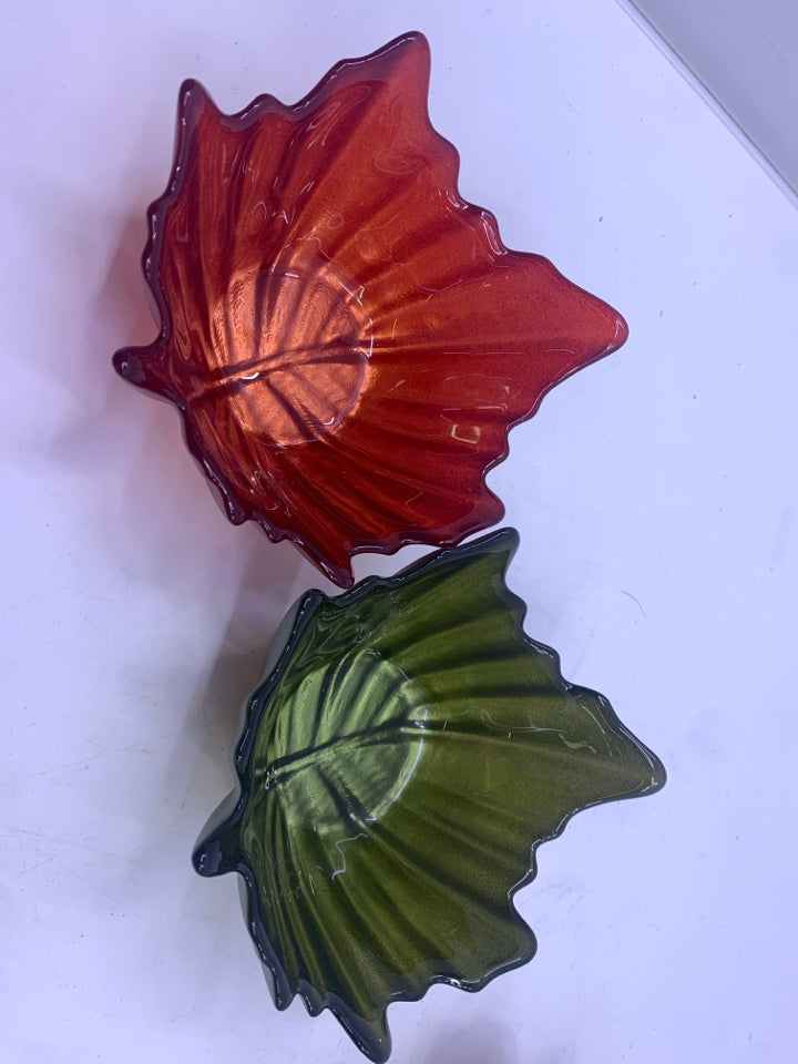 4PC ORANGE AND GREEN LEAF SET- 2 PLATES 2 SMALL BOWLS.
