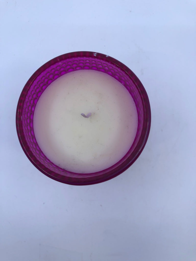 PEONY CANDLE IN PINK GLASS.