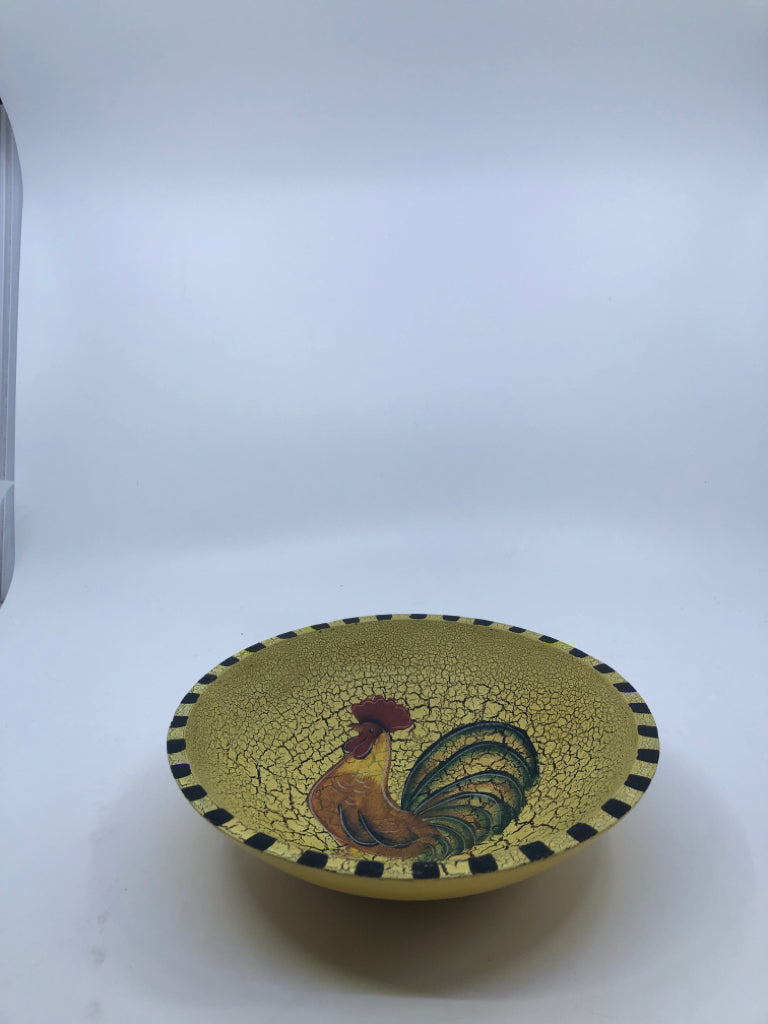 BLACK AND YELLOW WOOD ROOSTER BOWL.