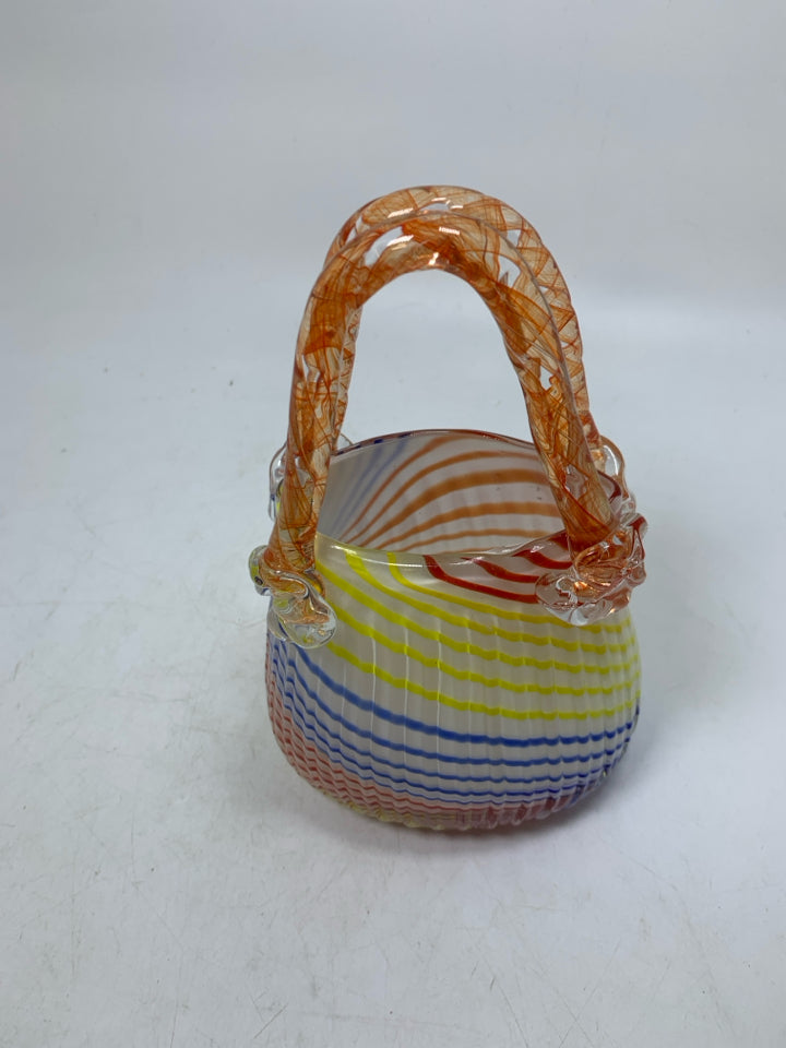 BLOWN GLASS COLORFUL STRIPED PURSE VASE.