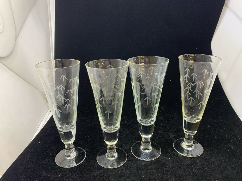 4 VTG SASAKI BAMBOO ETCHED CRYSTAL PILSNER GLASSES.