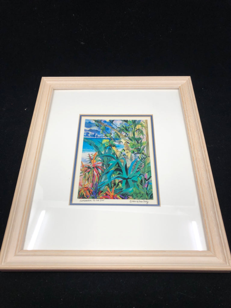 TROPICAL PLANTS SIGNED PRINT IN WHITE FRAME.