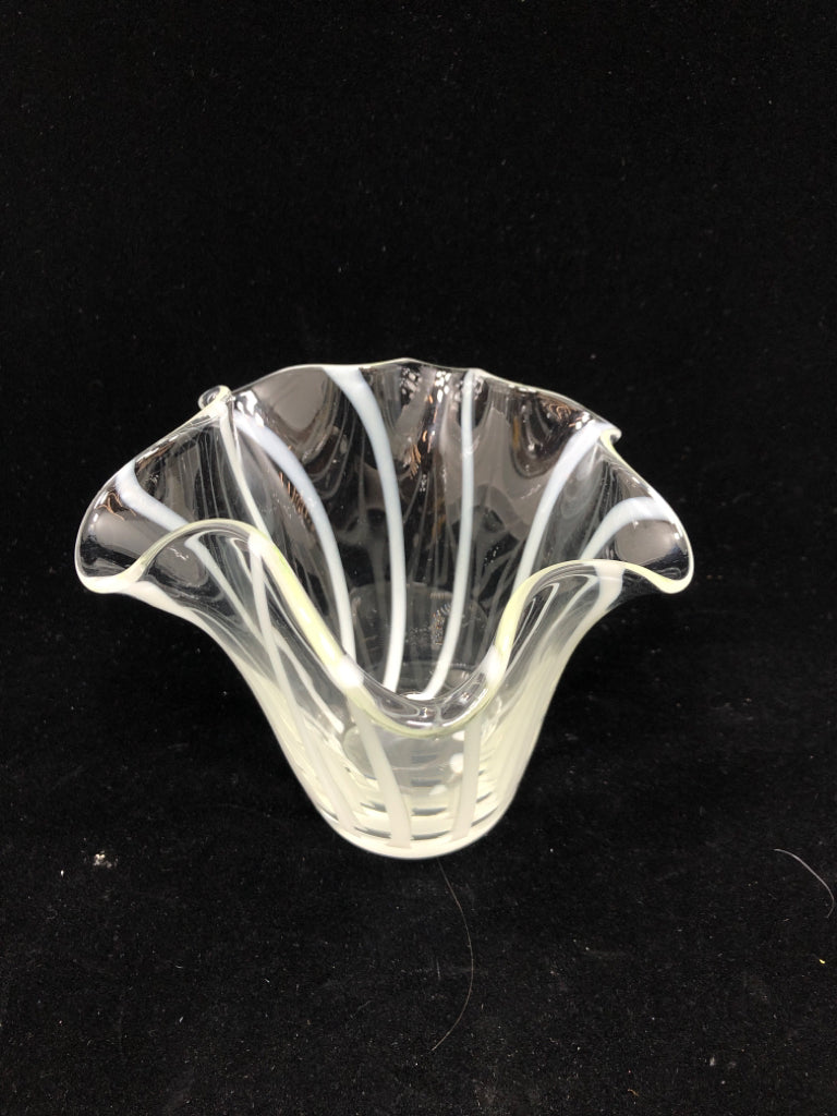 WHITE-STRIPE GLASS RUFFLED-EDGE VASE.