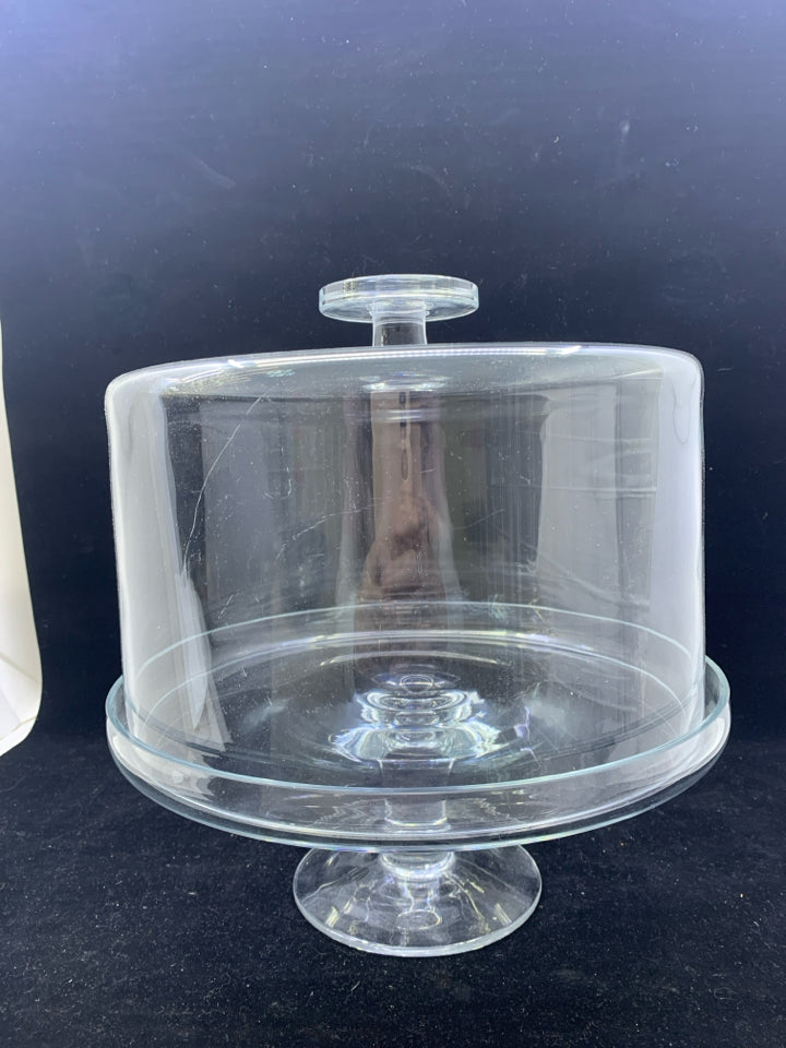 LARGE CLEAR GLASS FOOTED CAKE STAND W COVER.