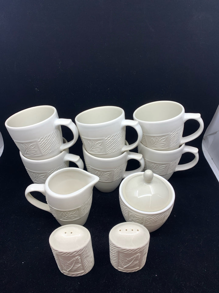 10 PC PFALTZGRAFF CREAM LEAVES EMBOSSED 6 MUGS, CREAMER, SUGAR, SALT AND PEPPER.