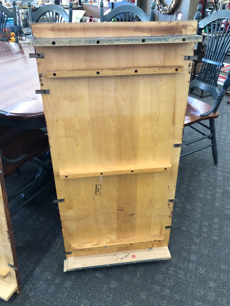 WOOD & SLATE BLUE TABLE W/8 CHAIRS & 2 LEAVES INSIDE.