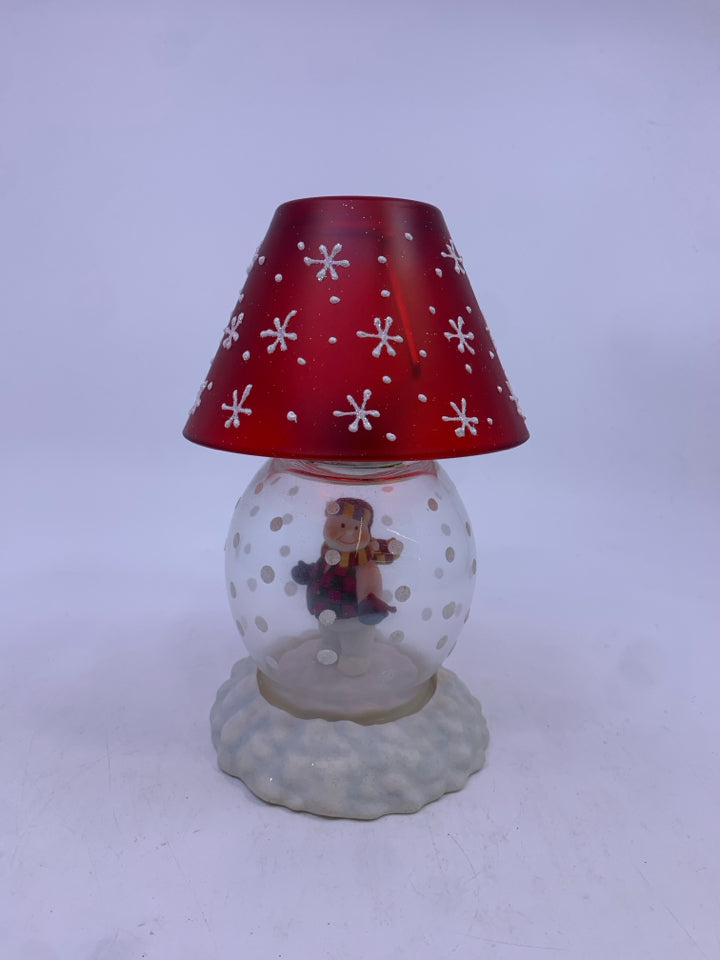 SNOWMAN SNOWGLOBE TEA LIGHT HOLDER W/RED SHADE.
