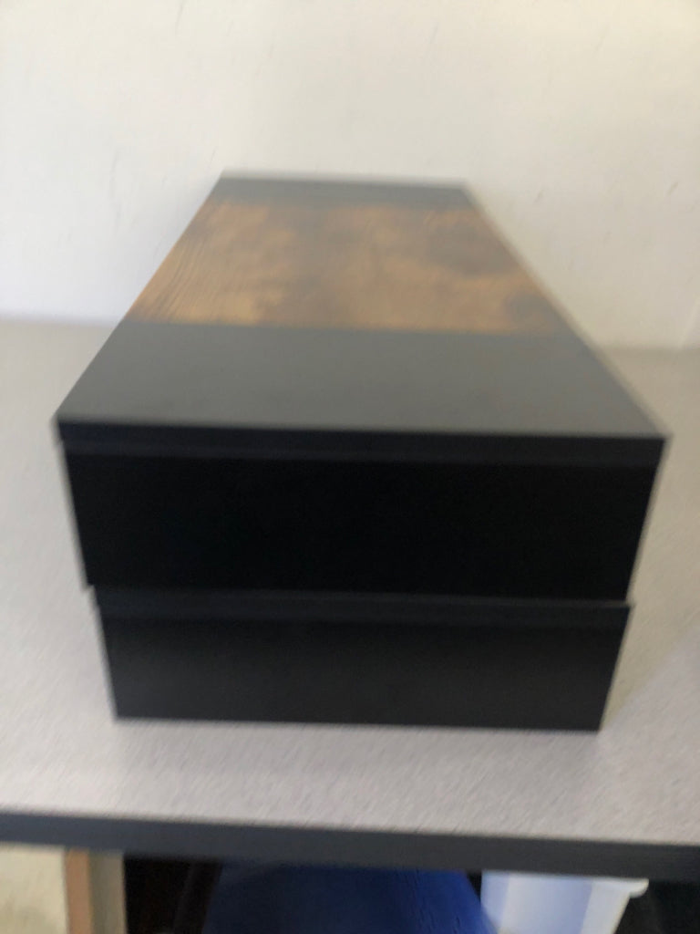BLACK AND FAUX WOOD 2PC DESK/COMPUTER RISER.