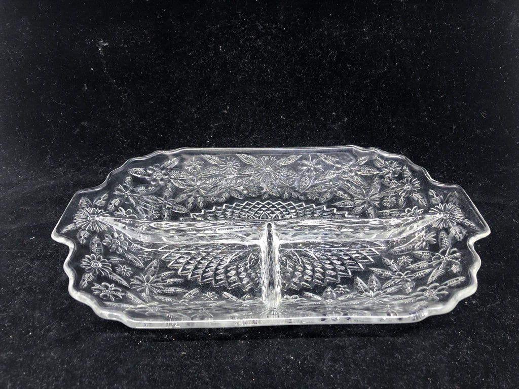 ETCHED FLORAL 3 SECTION SERVER W HANDLES.