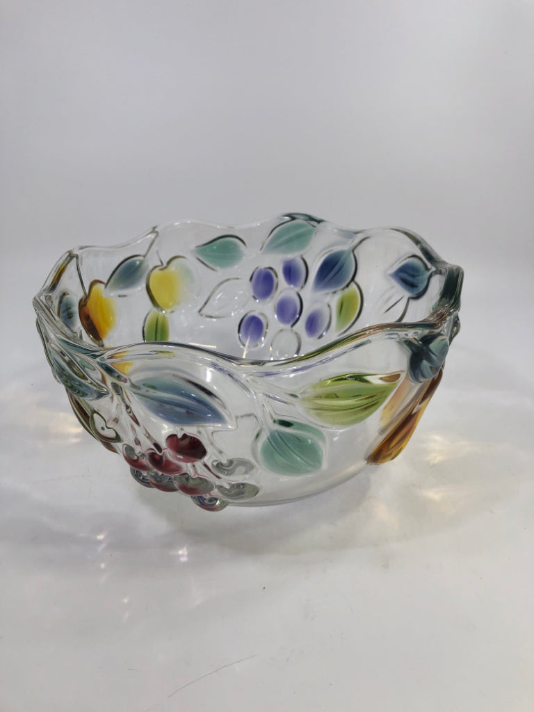 GLASS WAVY CUT BOWL W/ COLORED GLASS FRUIT.