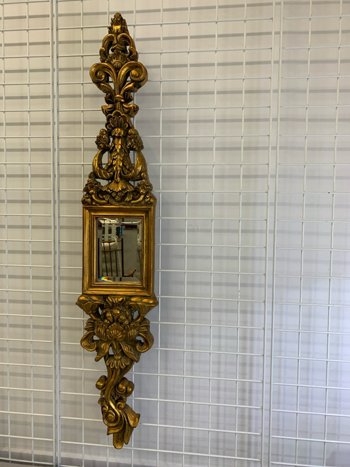 ORNATE GOLD & NARROW RECTANGULAR MIRROR.