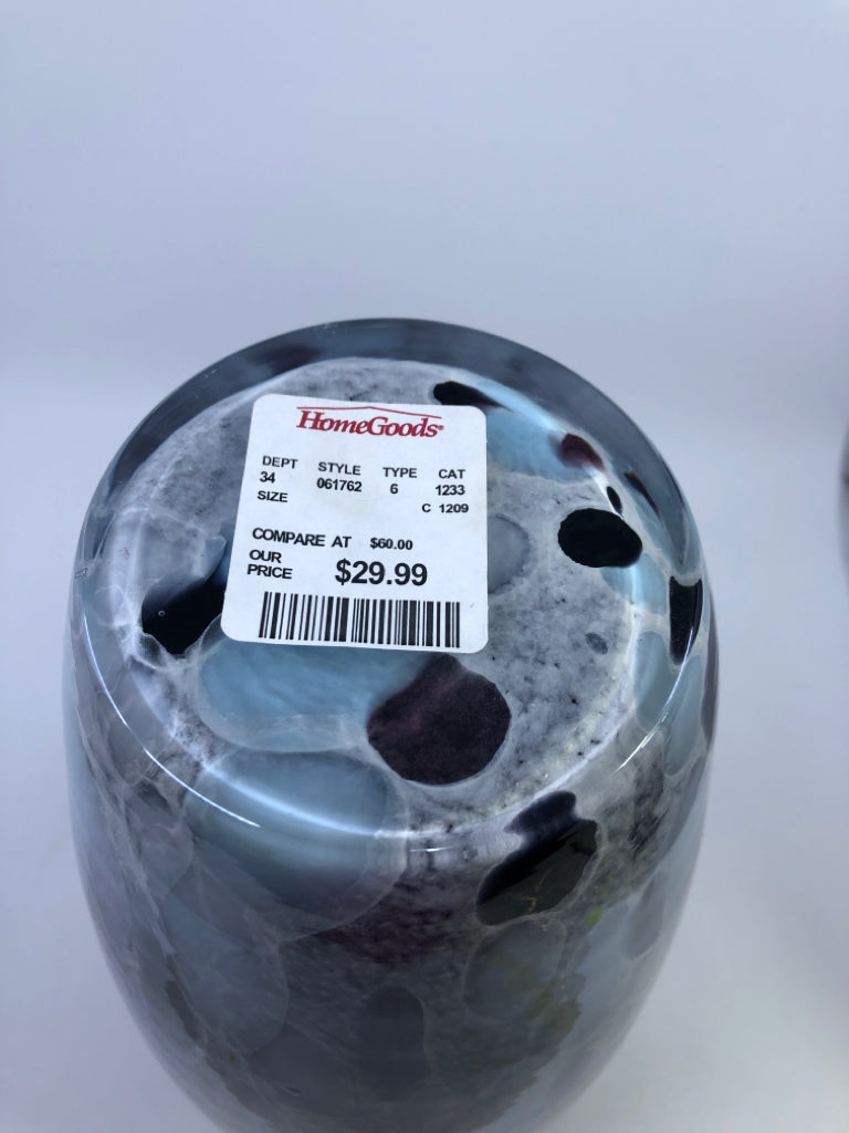 IRIDESCENT MARBLE GLASS VASE W/BLACK INTERIOR.