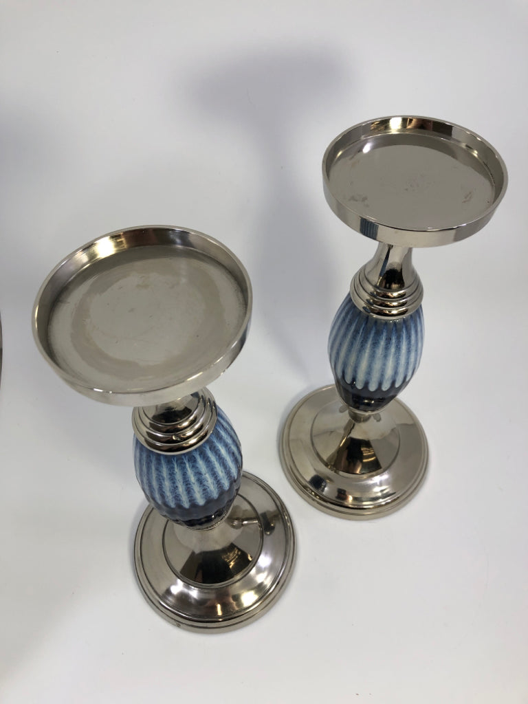 2PC BLUE & WHITE DIPPED SILVER CANDLESTICK HOLDER.
