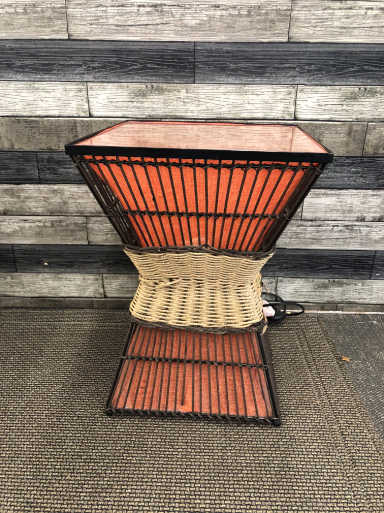 BURNT ORANGE FABRIC BASE W/ BLACK WICKER CAGE GLASS TOP SQUARE TABLE/LAMP.