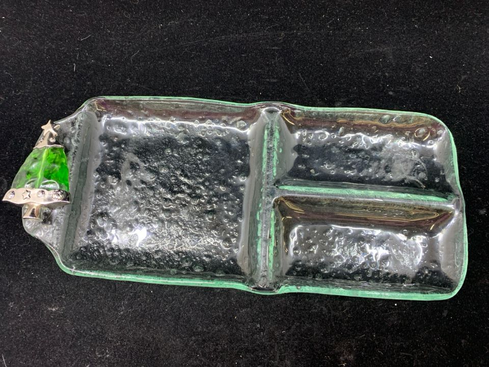 BUBBLE GLASS SERVING PLATTER W/ GLASS&METAL CHRISTMAS TREE ON HANDLE.