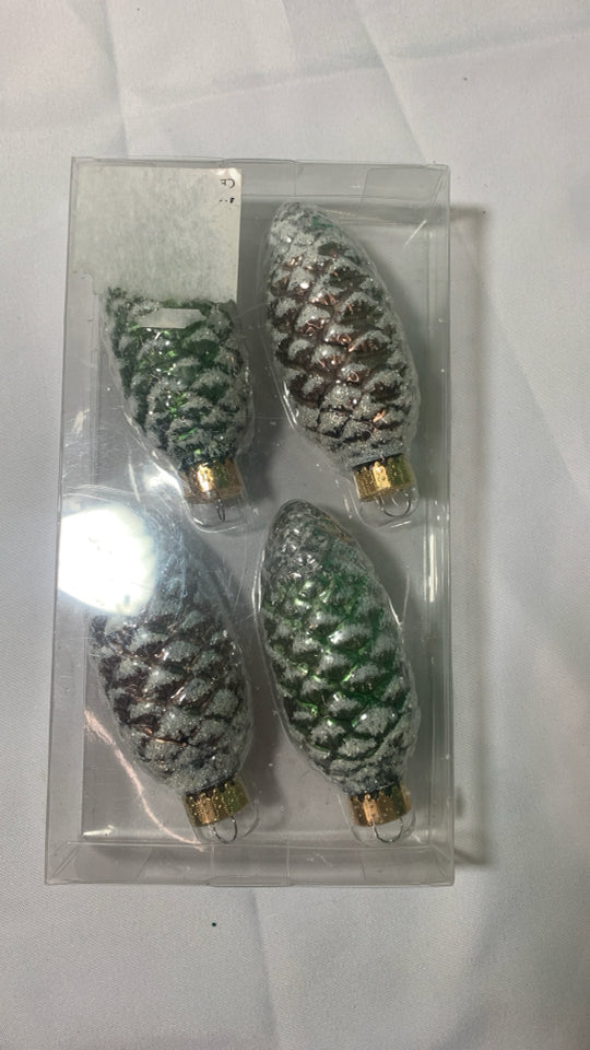 NP 4 GLASS PINECONE ORNAMENTS.