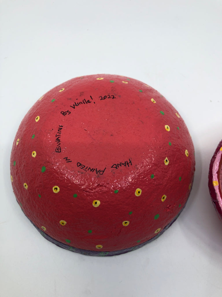 2 PAPER MACHE RED PINK NESTING BOWLS.