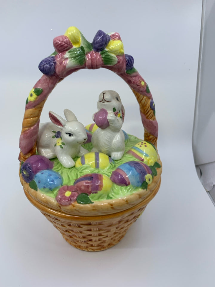 CERAMIC EASTER BASKET W/ BUNNIES/EGGS.