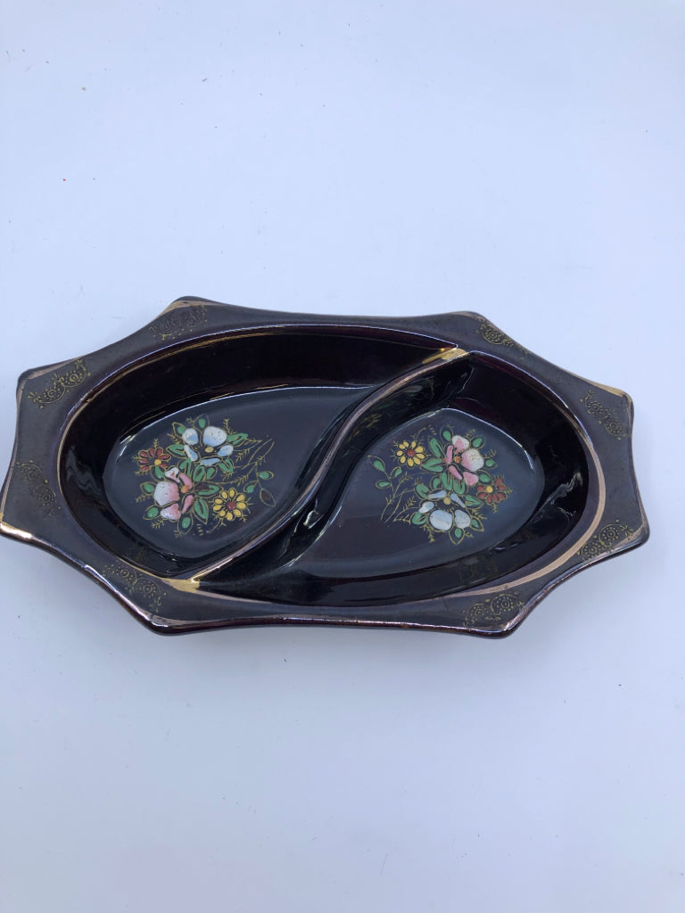 VTG BROWN DIVIDED FLORAL BOWL.