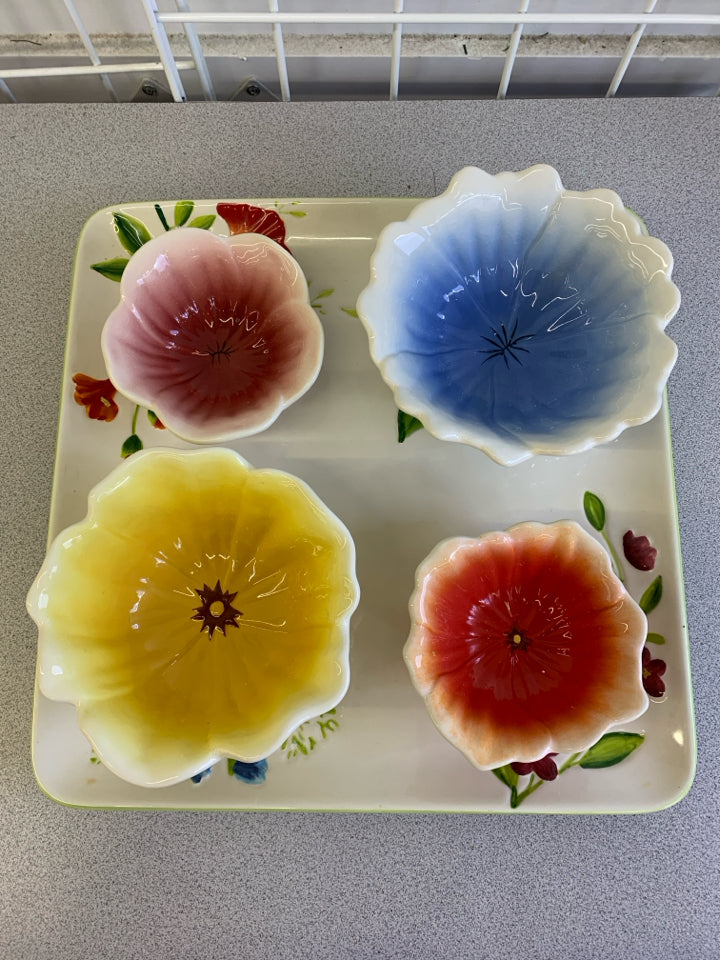 5 PC CERAMIC FLOWER TRAY/BOWLS SET GARDEN BOUQUET.