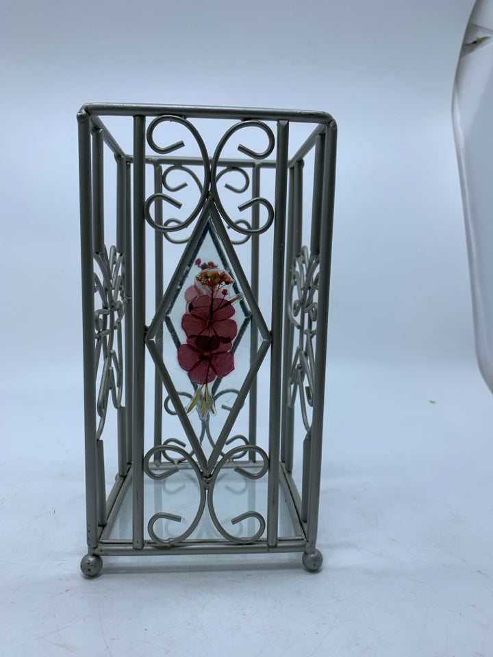SILVER METAL CAGE W/ PRESSED FLOWERS IN GLASS PILLAR CANDLE HOLDER.