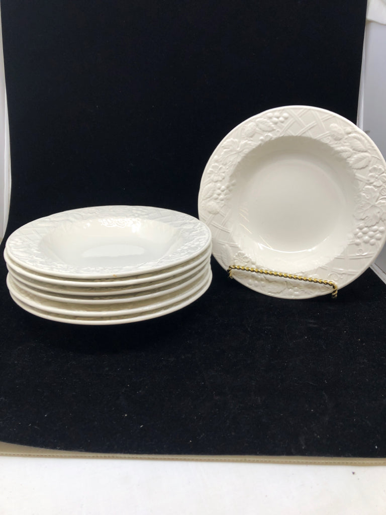 7 WHITE GRAPE EMBOSSED SHALLOW BOWLS.