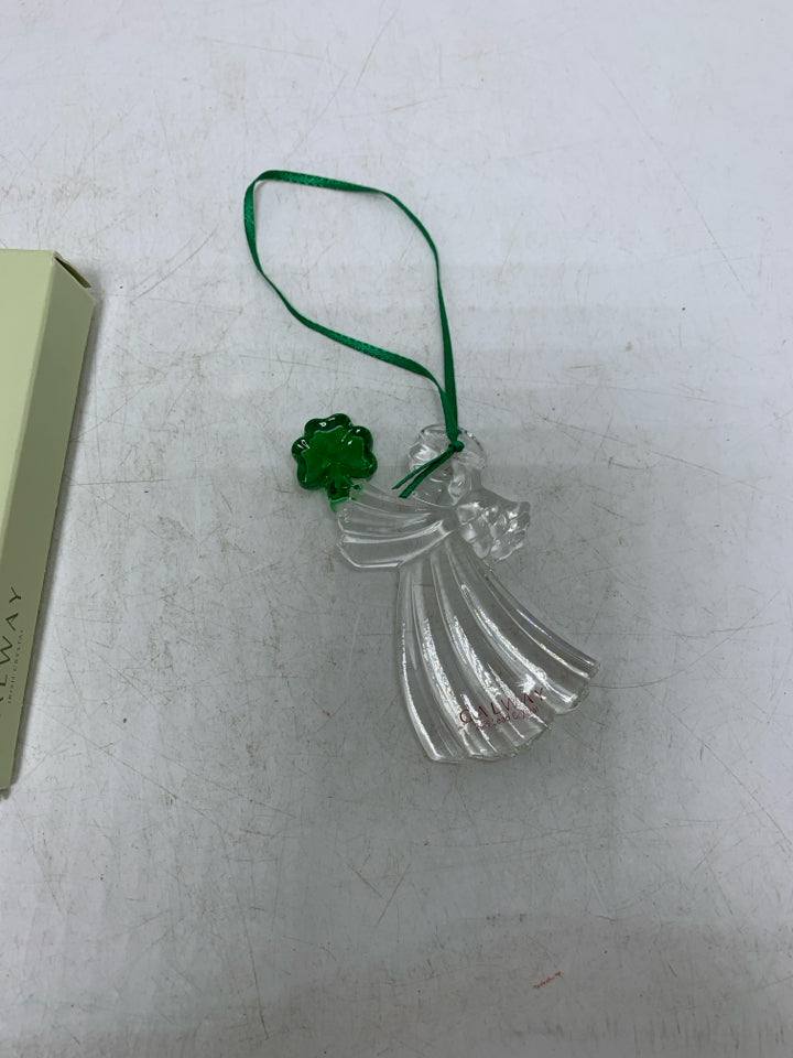 IN BOX GALWAY CRYSTAL ANGEL W/ GREEN SHAMROCK ORNAMENT.