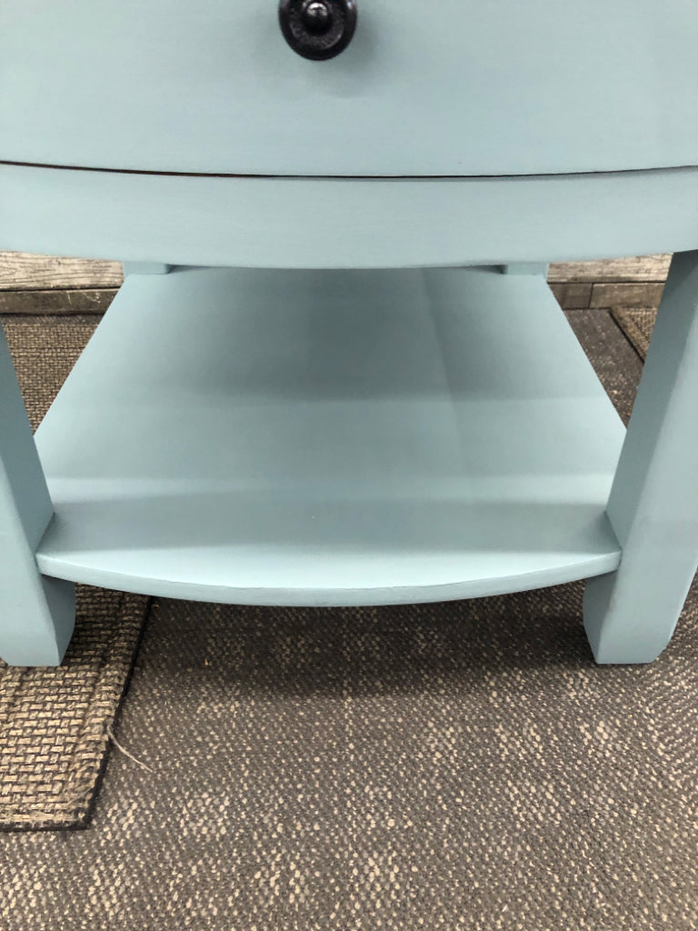 TEAL SIDE TABLE W/DARK BROWN PAINTED TOP+1 DRAWER.
