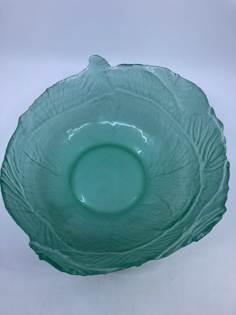 GREEN GLASS CABBAGE SERVING BOWL.